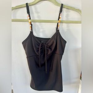 XS Ribbed Black Tank Top w/ Beaded Straps(Adjustable)